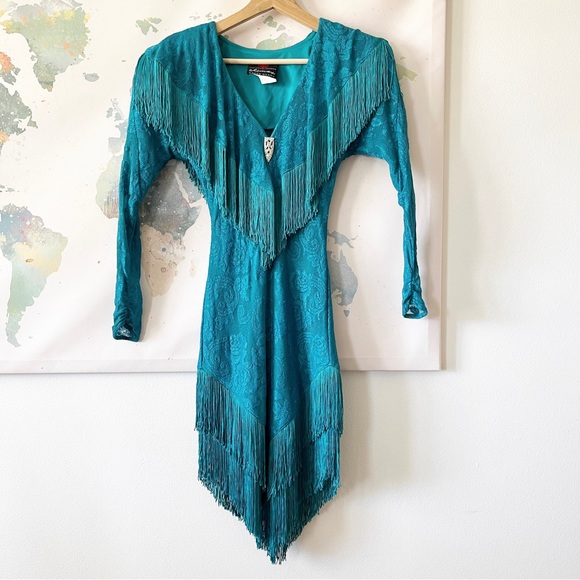 VTG Karen Okada For David Howard Climax Dress Size 3/4 Teal Floral Lace Fringe - Picture 1 of 13